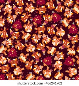 Vector holiday seamless pattern.  Flat style. Illustration of cartoon red roosters. Chickens in Santa Claus, Deer, Christmas tree, elf outfit. Perfect for wallpaper, print, fabric, abstract background