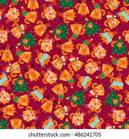 Vector holiday seamless pattern.  Flat style. Illustration of cartoon red roosters. Chickens in Santa Claus, Deer, Christmas tree, elf outfit. Perfect for wallpaper, print, fabric, abstract background