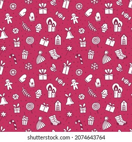 Vector Holiday seamless pattern with gift boxes, sweets, snowflakes. Christmas doodle background with pink and magenta colors.