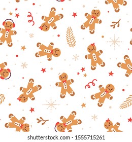 Vector holiday seamless pattern with ginger cookies and snowflakes. Winter repeated texture with gingerbread man. Christmas print for fabric and wrapping paper. Scandinavian style. Kids illustration.