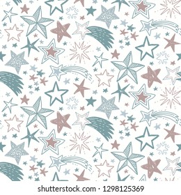 Vector holiday seamless pattern with hand drawn stars. Endless festive background. Ornament for gift wrapping paper, fabric, clothes, textile, surface textures, scrapbook.
