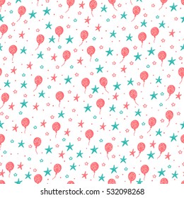 Vector Holiday seamless pattern. Hand Drawn doodle Balloons and Stars. Festive attributes. Celebratory background 