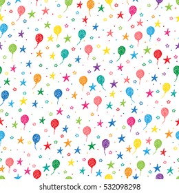 Vector Holiday seamless pattern. Hand Drawn doodle Balloons and Stars. Festive attributes. Celebratory background. 