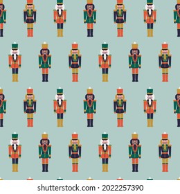 Vector, holiday seamless pattern of toy soldier nutcrackers with blue green background designed for wrapping paper, fabric, home decor, and Christmas accessories