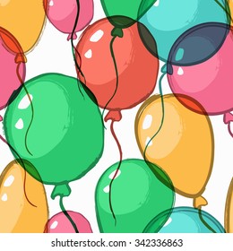 Vector holiday seamless pattern with transparent watercolor air balloons. Abstract  colorful background. Design concept for birthday greeting cards, festival decoration, gift card.

