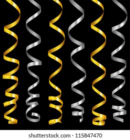 Vector holiday serpentine ribbons set 3. Golden and silver paper streamer isolated on black background