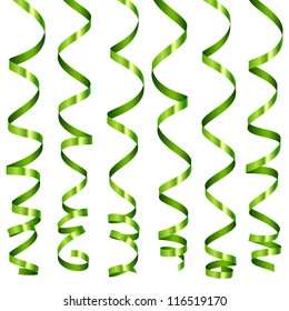 Vector holiday serpentine ribbons set. Green paper streamer isolated on white background