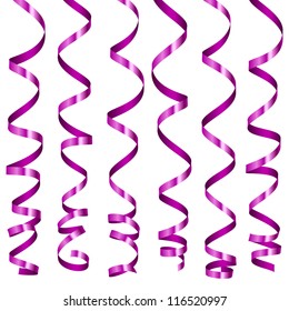 Vector holiday serpentine ribbons set. Purple paper streamer isolated on white background