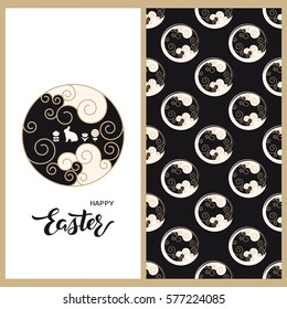 vector holiday set with a card with hand drawn text happy easter and a cake with doodle decoration and seamless vector pattern