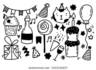 Conjunto de feriados vetoriais. Coleção para festa de aniversário, Natal e Ano Novo. Coleção desenhada à mão