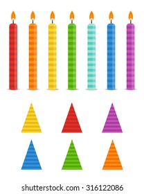 Vector Holiday Set.  Colorful Birthday Candles and Hats  on white background. Rainbow colors. 