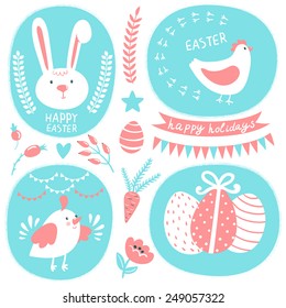 Vector holiday set with cute bunny, hen and chick, eggs, heart, star, carrot, branches and flower, ribbon and text "Happy easter". Hand drawing easter texture.