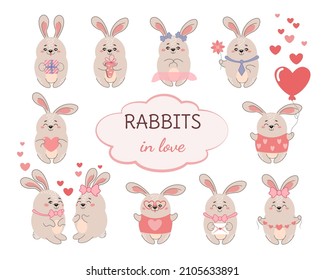 Vector holiday set with cute rabbits in different poses. Valentine's Day, a holiday of love. Cartoon illustrations for postcards, posters, banners, invitations, children's prints