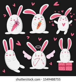 Vector holiday set with cute white bunnies on a black background. Color vector illustration with bunnies, gifts, hearts. Cute baby animals illustration. Valentine's Day. Love.