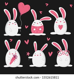 Vector holiday set with cute white bunnies on a black background. Color vector illustration with bunnies, gifts, balloons, hearts and flowers. Cute baby animals illustration. Valentine's Day. Love.