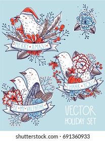 vector holiday set with funny birds for Christmas, Thanksgiving day and Valentine's day