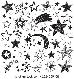 Vector holiday set of hand drawn stars. Festive black and white collection.