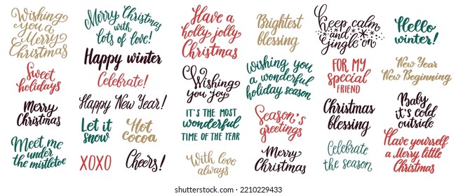 Vector holiday set of hand written phrases about Christmas, New year and winter. Script lettering designs for greeting cards and poster. Cute quotes with seasonal warm wishes. Merry Christmas text.
