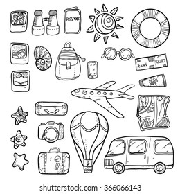Vector holiday set. Vector illustration with many objects. Illustration set holiday trip, summer holidays theme on white background.