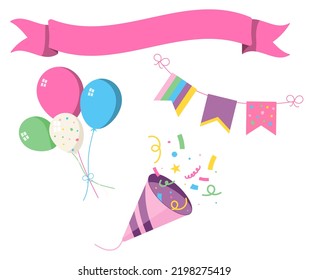 Vector holiday set. Pink Confetti and clapper. Ribbons and balloons to design holiday invitations or posters. 