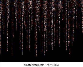 Vector holiday shiny glitters garlands background. Vertical lines of multiple glowing sparkles on dark backdrop. Abstract confetti garland pattern. Holiday lights falling down illustration.