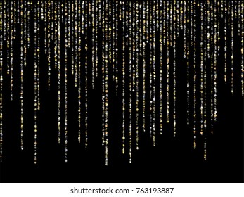 Vector holiday shiny gold and silver glitters background. Vertical lines of multiple glowing sparkles on dark backdrop. Abstract confetti garlands pattern. Holiday lights falling circles illustration.