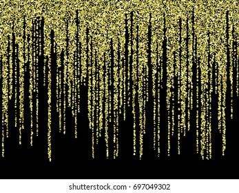 Vector holiday shiny golden glitter garlands background. Vertical lines of multiple glowing circle sparkles on dark. Abstract gold confetti garland pattern. Holiday lights falling down illustration.