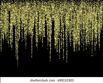 Vector holiday shiny golden glitter garlands on black background. Vertical lines of multiple glowing circle sparkles on dark. Confetti dot garland pattern. Holiday lights falling down.