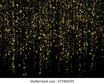 Vector holiday shiny golden star glitters background. Vertical lines of multiple glowing sparkles on black. Abstract confetti star garland pattern. Holiday lights falling down illustration.