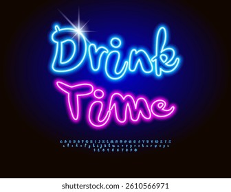 Vector Holiday sign Drink Time. Neon Blue Font. Joyful Glowing Alphabet Letters and Numbers set.