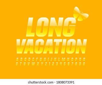 Signo de vacaciones vectoriales Long Vacation. Fuente Sunny brillante. Conjunto de letras y números de alfabeto amarillo