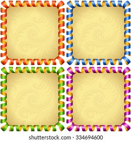 Vector holiday square frame set. Red, blue, green and purple streamer