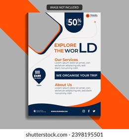 Vector holiday, summer winter travel and tourism flyer template, discount flyer blue and Orange 
explore the world flyer design services discount flyer design