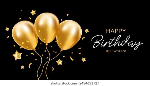 Vector holiday template design of bunch of golden flying balloon with star and text on black background. 3d realistic happy birthday illustration with bunch of golden air helium balloon for greetings