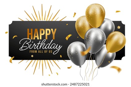 Vector holiday template design of bunch of flying balloon with text on black background. 3d realistic happy birthday illustration with golden and silver air helium balloon for greeting card, poster