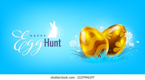 Vector holiday template design with chocolate eggs and bunny. Happy easter illustration with decorative golden egg for greeting card, banner on blue color background with text