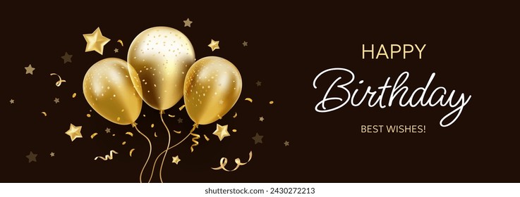 Vector holiday template design of flying balloon with star and text on black background. 3d realistic happy birthday illustration with bunch of golden transparent air helium balloon for greeting card