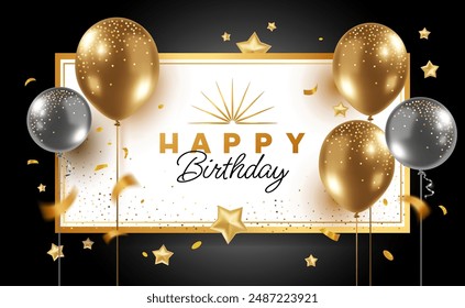 Vector holiday template design of flying balloon with star and text on black background. 3d realistic happy birthday illustration with golden and silver air helium balloon for greeting card, poster