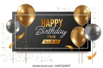 Vector holiday template design of flying balloon with text on black and white background. 3d realistic happy birthday illustration with golden and silver air helium balloon for greeting card, poster