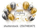 Vector holiday template design of golden and silver air helium balloon with text happy birthday on white background. 3d illustration with flying realistic balloon with confetti for greeting card