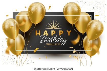 Vector holiday template design of golden air helium balloon on white and black background. 3d realistic happy birthday illustration with flying balloon and text for greeting card, party poster, banner