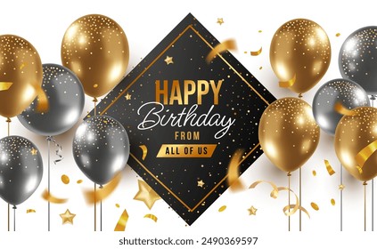 Diseño de Plantilla de vacaciones de Vector de globo de helio de aire dorado y plateado sobre fondo blanco. Ilustración de cumpleaños feliz realista 3d con globo volador y texto para tarjeta de felicitación, póster de fiesta