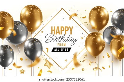 Vector holiday template design of golden and silver air helium balloon on white background. 3d illustration with fly realistic balloon and text happy birthday for greeting card, party poster, banner