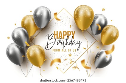 Vector holiday template design of golden and silver air helium balloon with text happy birthday on white background. 3d illustration with flying realistic balloon with confetti for greeting card