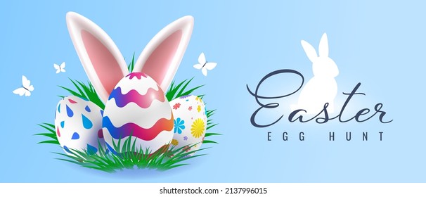 Vector holiday template design with painted eggs and bunny ears. Happy easter illustration with decorative egg and bunny for greeting card, banner on blue color background with text