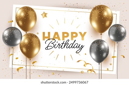 Vector holiday template design of silver and golden air helium balloon on white color background. 3d realistic happy birthday illustration with flying balloon and text for greeting card, party poster