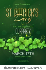 Vector holiday template of a poster for a party of Saint Patrick’s Day with realistic clovers. Green festive blur background with shamrocks for design of flyers, banners and invitation cards.