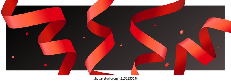 Vector holiday template with realistic style red ribbon on black color background. Creative design of set of red ribbon and confetti in frame for greeting card, banner, poster