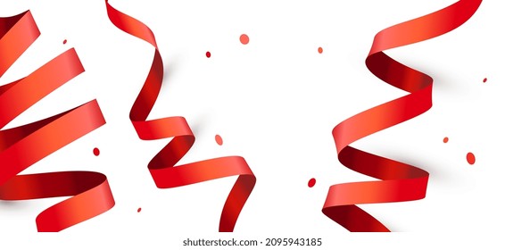 Vector holiday template with red ribbon and confetti on white color background. Creative realistic style design of set of red ribbon with shadow for greeting card, banner, poster