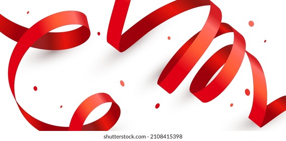 Vektorferienvorlage mit rotem Band mit Schatten auf weißem Hintergrund. Kreative realistische Gestaltung der Reihe von roten Band und Konfetti für Grußkarte, Banner, Poster